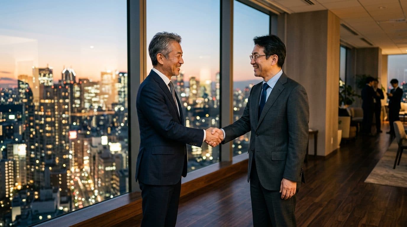 夕暮れの窓辺で握手する二人の経営者