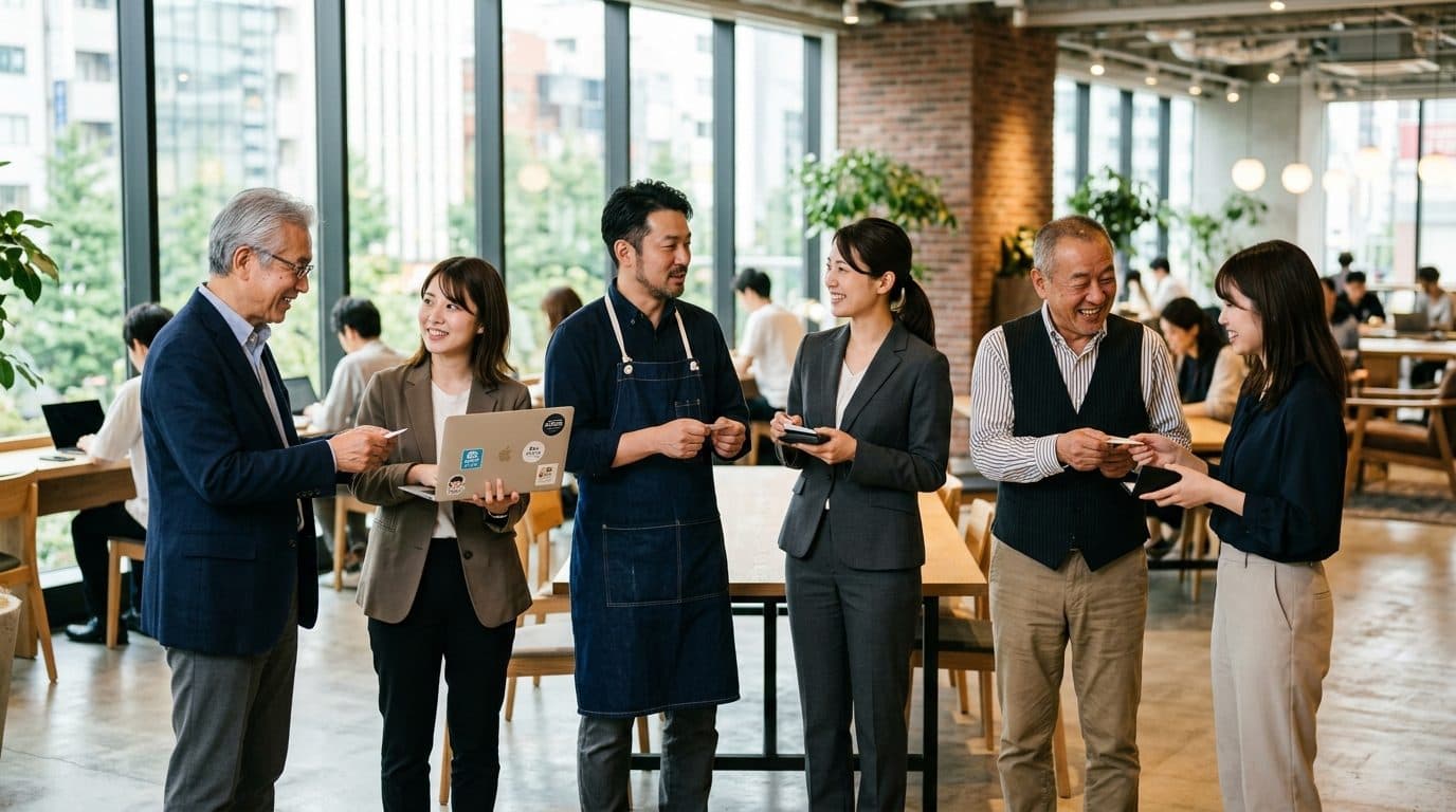 異業種の会員が名刺を交換して話す
