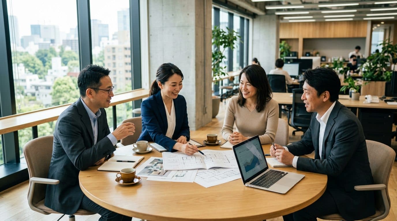 円卓で計画を囲む経営者と専門家