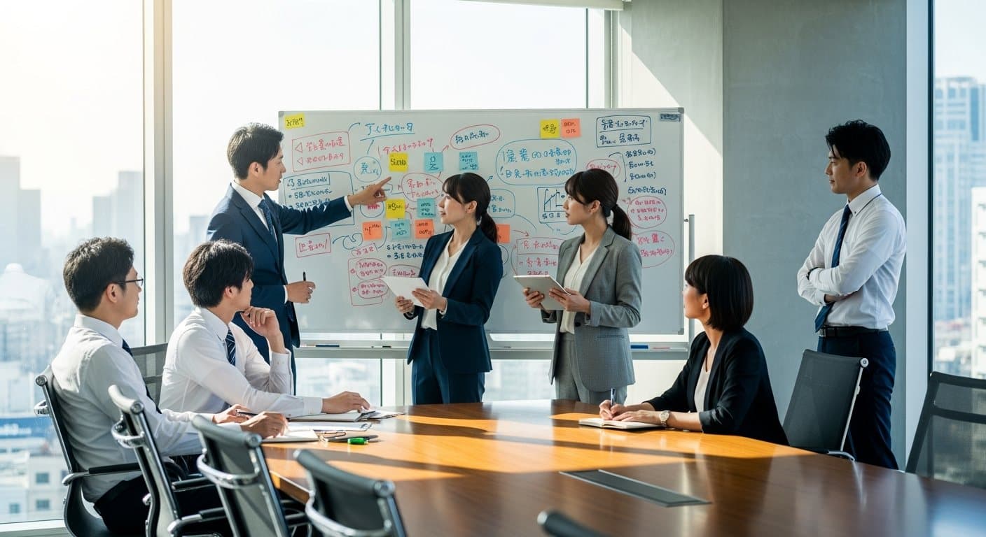 ホワイトボードの前で役割を分ける会員たち