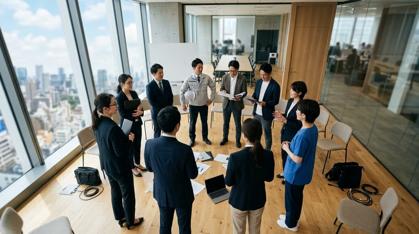 役割の違う専門家たちが輪になって立つ会議室